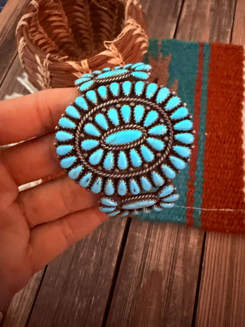 Handcrafted Old Pawn Sterling Silver & Turquoise Cluster Cuff Bracelet