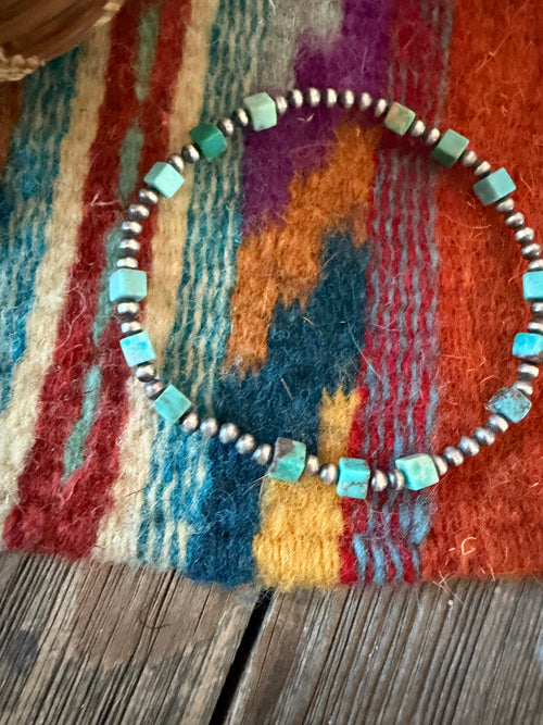 Handcrafted Turquoise & Sterling Silver Beaded Stretch Bracelet