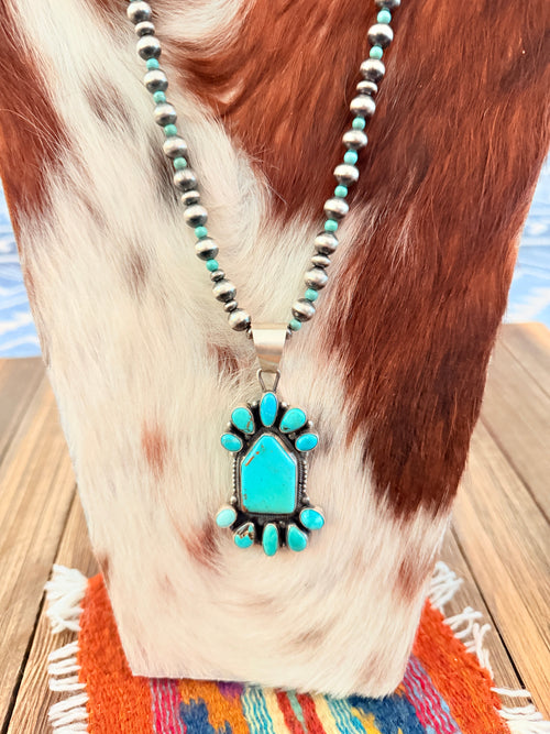 Handcrafted Turquoise & Sterling Silver Cluster Beaded Necklace by Sheila Becenti