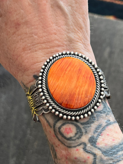 Navajo Hand Stamped Sterling Silver Split Cuff Bracelet with Spiny Oyster Shell by Murphy Platero