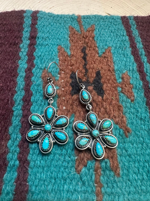 Handmade Turquoise And Sterling Silver Flower Dangle Earrings