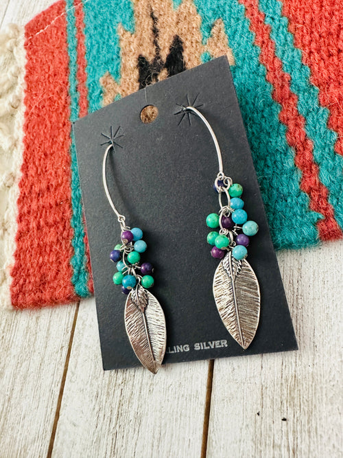 Navajo Kingman Turquoise & Sterling Silver Beaded Feather Earrings