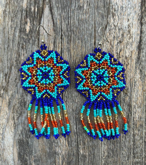 Handmade MultiColor Beaded Dangle Earrings (Blue, Turquoise, Orange)