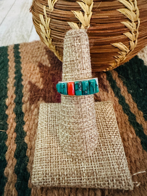 Old Pawn Handcrafted Turquoise, Coral & Sterling Silver Band Ring Size 6