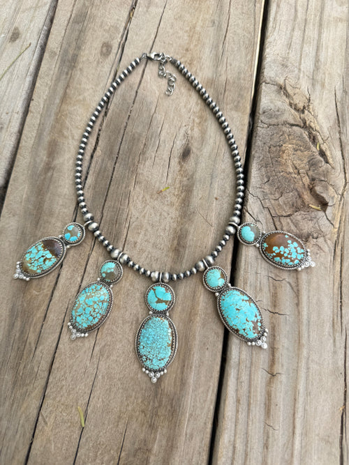Handmade Sterling Silver Number 8 Turquoise Beaded Necklace with Signed Nizhoni