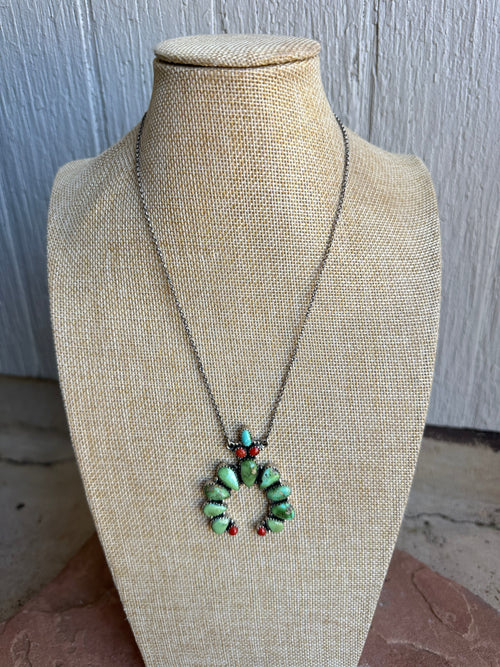 Beautiful Handmade Sterling Silver, Coral & Sonoran Turquoise NAJA Necklace