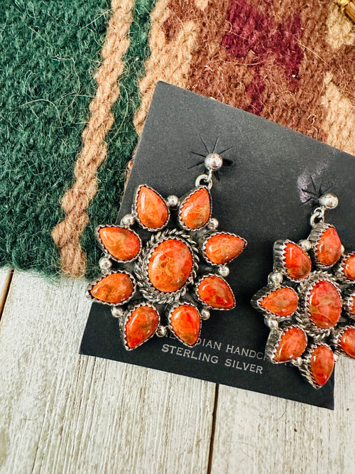 Navajo Sterling Silver Apple Coral Cluster Dangle Earrings