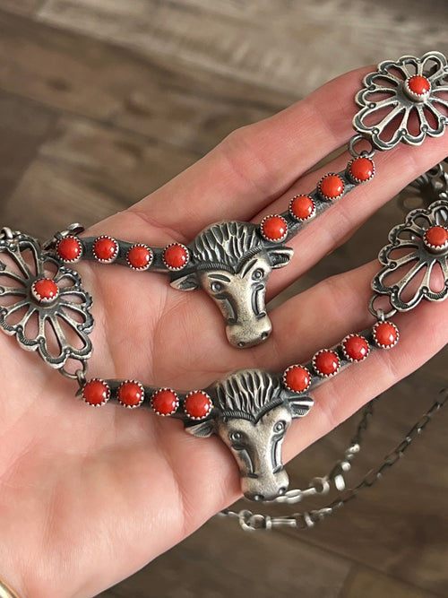 Handcrafted Sterling Silver and Mediterranean Coral Steer Head Concho Necklace & Earrings by Kevin Billah