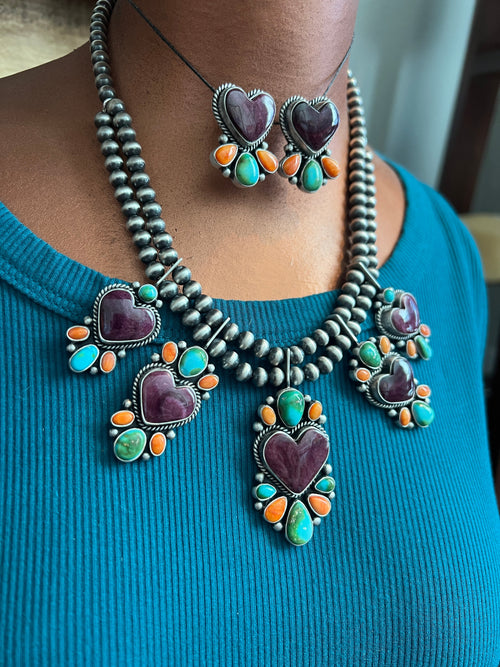 Navajo Made Sterling Silver Electric Rainbow Beaded Heart Cluster Necklace & Earrings Set by Angela Martin
