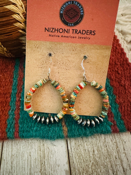 Handcrafted Spiny Oyster, Turquoise & Sterling Silver Beaded Dangle Hoop Earrings
