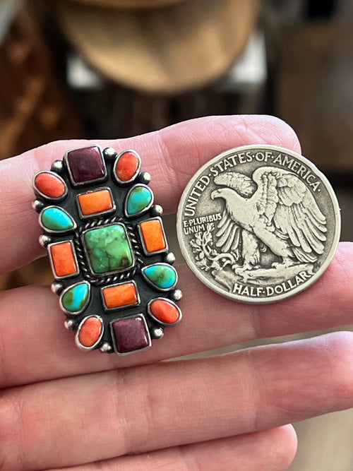 Electric Rainbow Handcrafted Turquoise and Spiny Oyster Cluster Ring by Bernyse Chavez, Adjustable