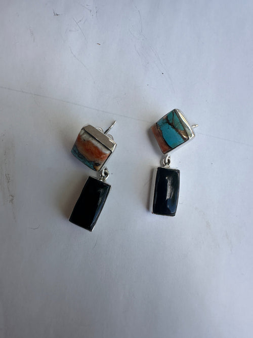 Handmade Onyx, Spice and Sterling Silver Post Dangle Earrings Signed Nizhoni