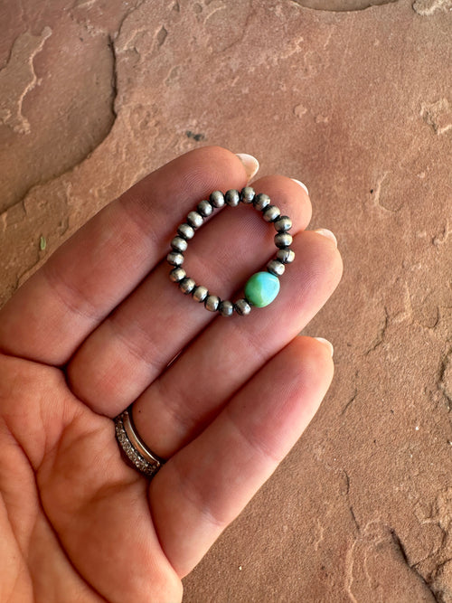 THE VENICE BAND Handmade Sterling Silver Navajo Pearl Style Sonoran Mountain Turquoise Beaded Stretch Ring