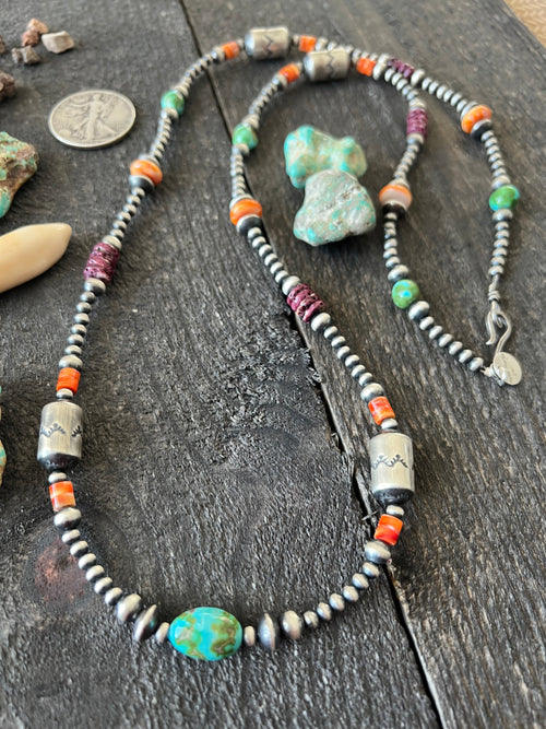 Navajo Electric Rainbow Sterling Silver, Turquoise and Spiny Oyster Single Strand Beaded Necklace by Rose Martin, 34 inches
