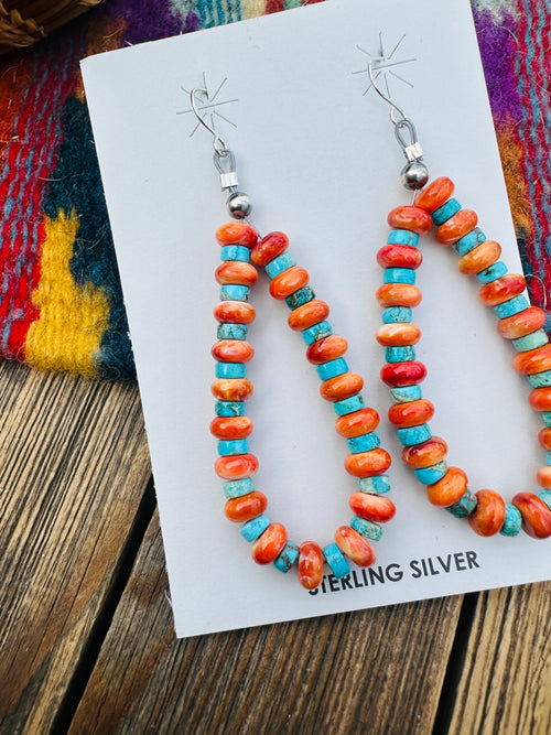 Handcrafted Orange Spiny, Turquoise & Sterling Silver Beaded Dangle Hoop Earrings