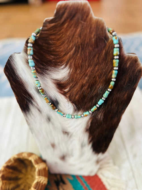 Handcrafted Kingman Turquoise & Sterling Silver Pearl 6mm Beaded Necklace 18"