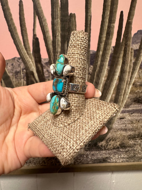 Beautiful Handmade Sonoran Mountain Turquoise, White Buffalo And Sterling Silver Adjustable Ring