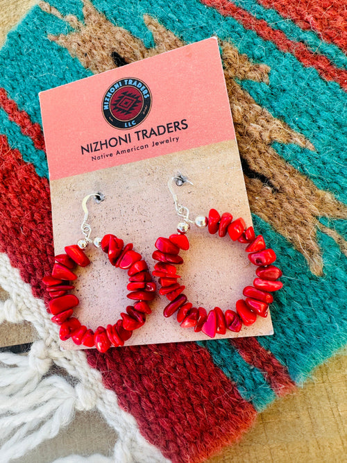 Navajo Sterling Silver Apple Coral Beaded Dangle Earrings