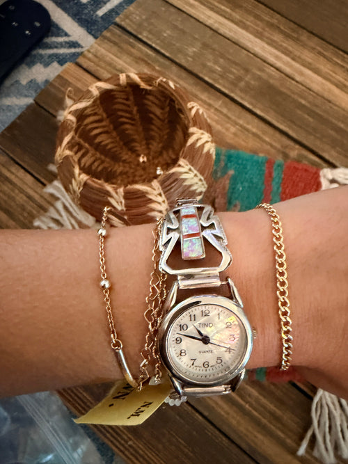 Handcrafted Old Pawn Opal, Coral & Sterling Silver Inlay Watch Band
