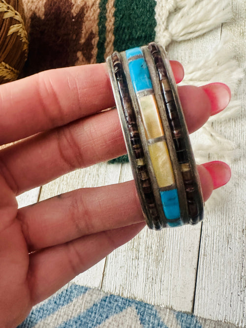 Old Pawn Navajo Multi Stone & Sterling Silver Inlay Cuff Bracelet