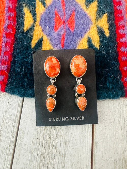 Navajo Sterling Silver Apple Coral Dangle Earrings