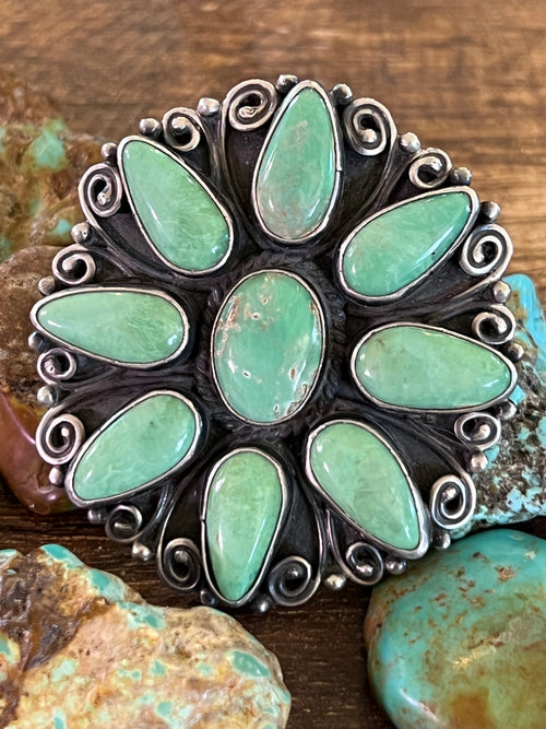Old Pawn Verdy Jake Sterling Silver and Green Turquoise Cluster Ring, Adjustable