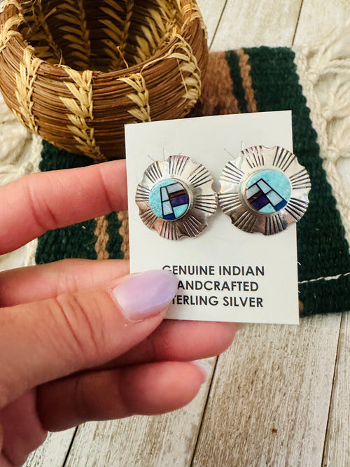 Old Pawn Navajo Sterling Silver & Multi Stone Inlay Post Earrings by Gary Arviso