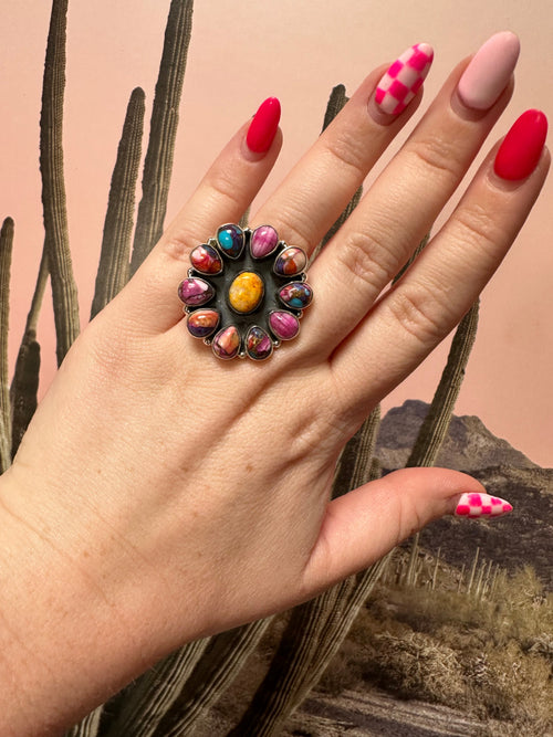 Beautiful Handmade Pink Dream Mojave, Bumble Bee And Sterling Silver Adjustable Ring