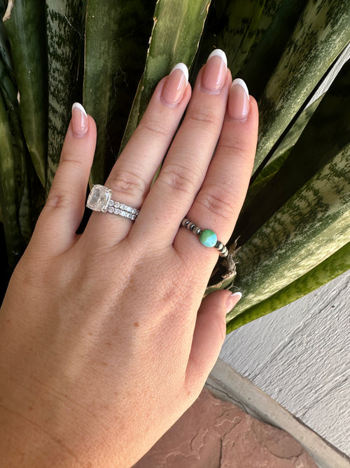 THE VENICE BAND Handmade Sterling Silver Navajo Pearl Style Sonoran Mountain Turquoise Beaded Stretch Ring