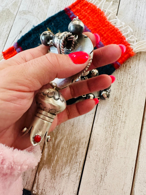 Navajo Sterling Silver, Turquoise & Coral Blossom Beaded Necklace