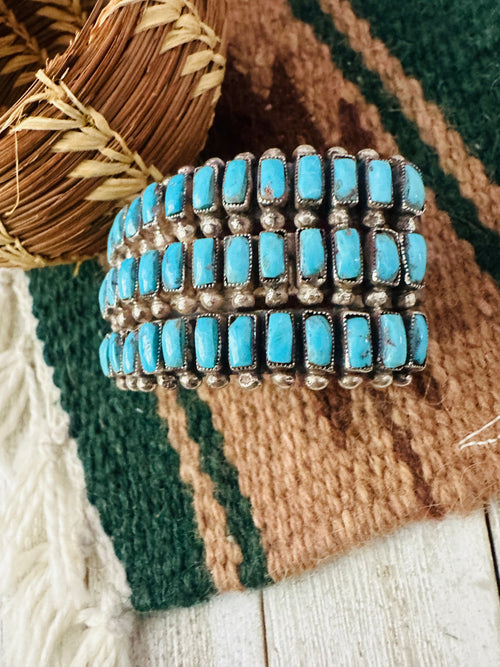 Old Pawn Navajo Turquoise & Sterling Silver Cluster Cuff Bracelet