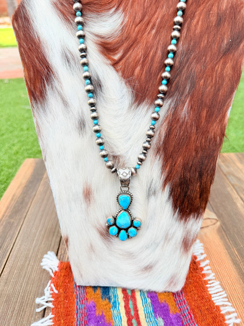 Handcrafted Turquoise & Sterling Silver Cluster Beaded Necklace by Bobby Johnson
