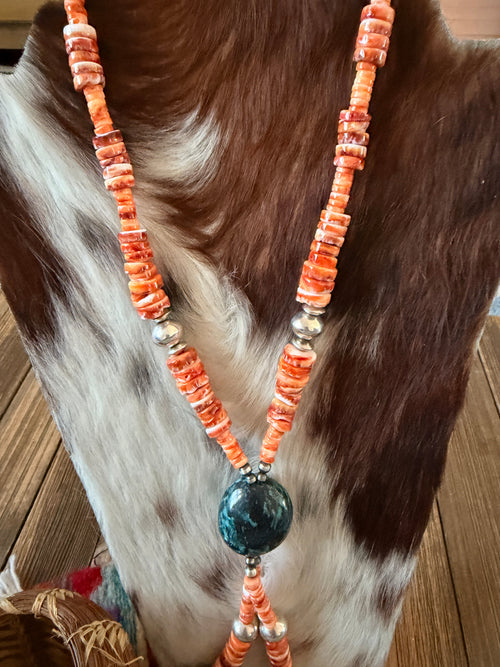 Handcrafted Orange Spiny Oyster, Turquoise & Sterling Silver Beaded Jacla Necklace