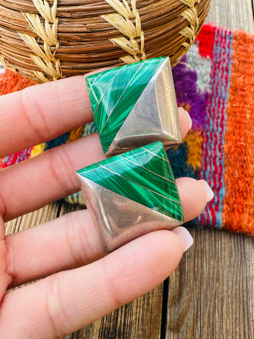 Handmade Old Pawn Sterling Silver & Malachite Inlay Clip On Earrings