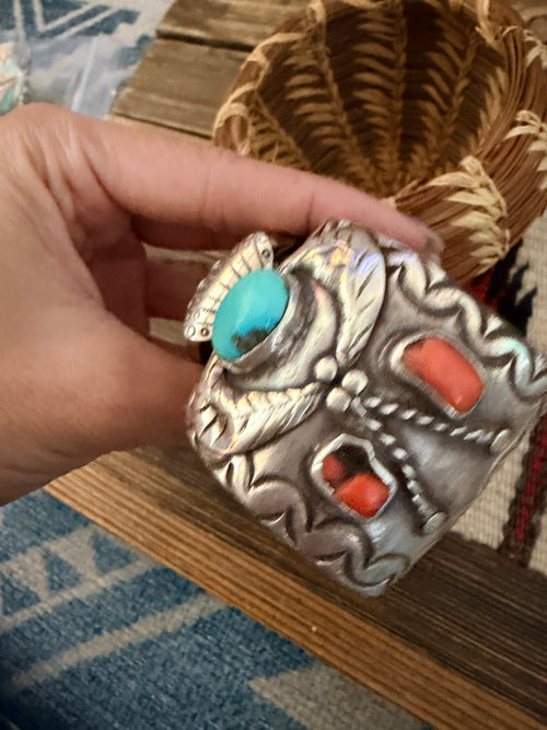 Handcrafted Old Pawn Turquoise, Coral & Sterling Silver Watch Cuff