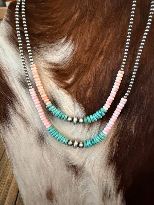 Handcrafted Turquoise, Queen Pink Conch and Sterling Silver Pearl Beaded Necklace