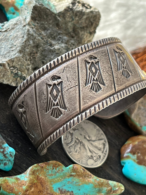 Hand Forged Old Pawn Sterling Silver Ingot Cuff Bracelet by Santa Fe Artist, Buffalo: The Birds