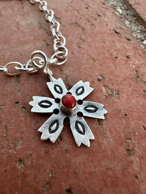 Handmade Sterling Silver and Coral CHRISTMAS SNOWFLAKE Charm