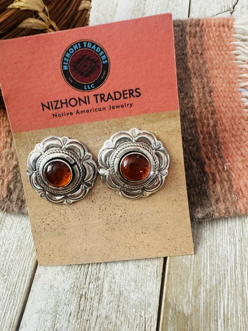 Old Pawn Navajo Sterling Silver & Amber Flower Post Earrings