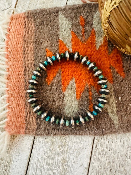 Navajo Turquoise & Sterling Silver Pearl Beaded Stretch Bracelet