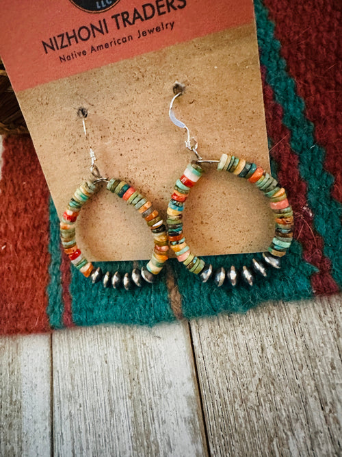 Handcrafted Spiny Oyster, Turquoise & Sterling Silver Beaded Dangle Hoop Earrings