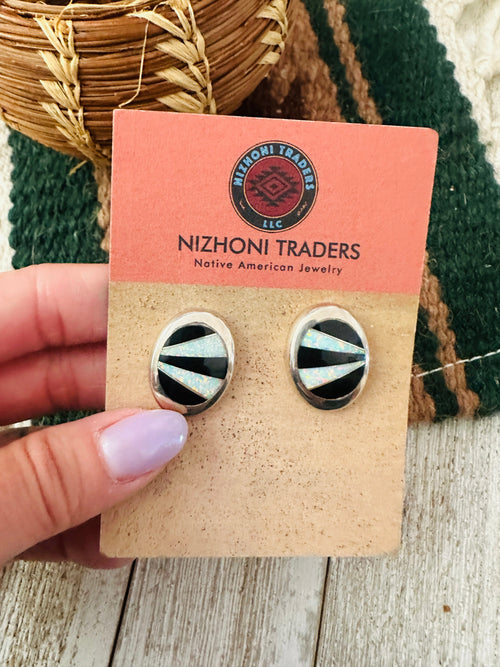 Old Pawn Navajo Sterling Silver, Onyx & Opal Inlay Post Earrings