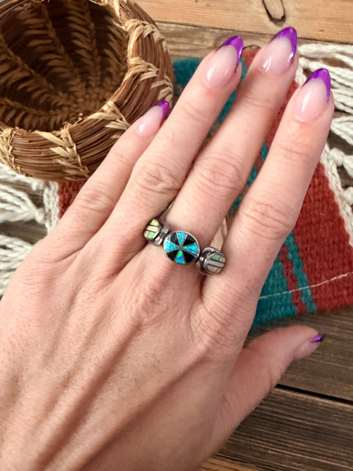 Old Pawn Handcrafted Multi Stone & Sterling Silver Inlay Ring Size 9