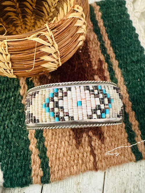 Old Pawn Navajo Sterling Silver & Multi Stone Beaded Cuff Bracelet