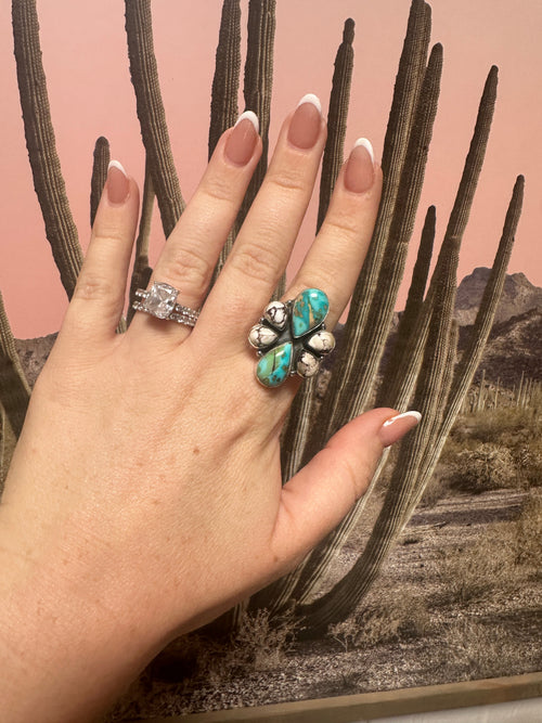 Beautiful Handmade Sonoran Mountain Turquoise, Wild Horse And Sterling Silver Adjustable Ring