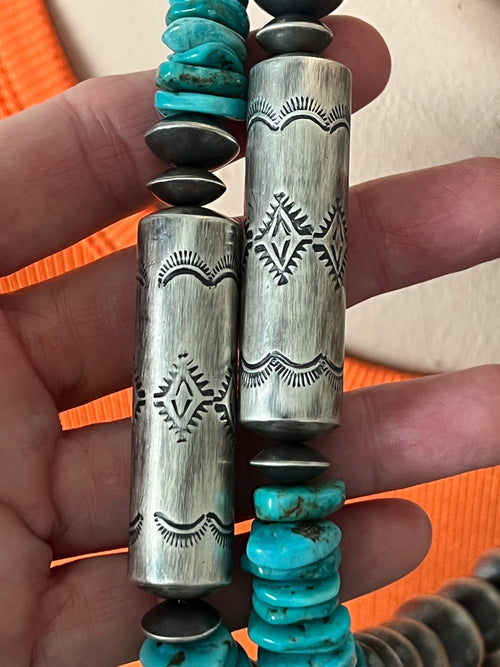 Navajo Sterling Silver and Kingman Turquoise Handmade Beaded Necklace by Rose Martin, 24 + 1-1/2 inches