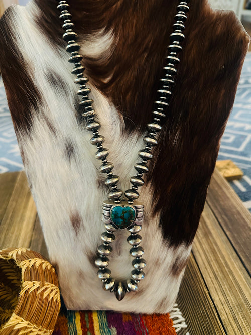 Handcrafted Turquoise & Sterling Silver Beaded Double Sided Jacla Necklace