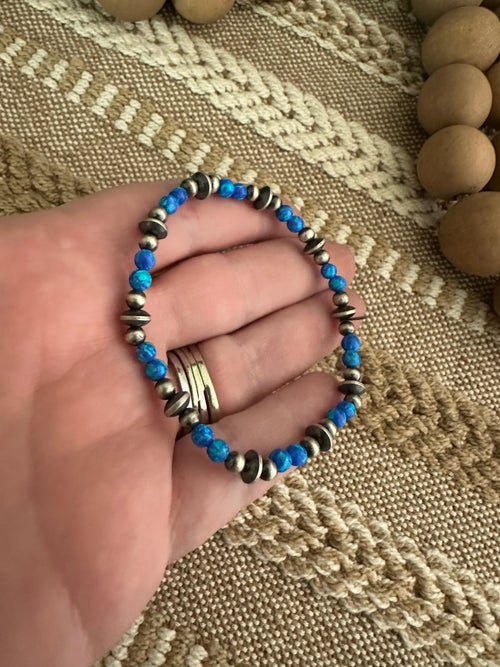 Handmade Blue Fire Opal & Sterling Silver Beaded Bracelet