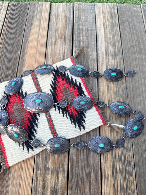 Handcrafted Vintage Old Pawn Turquoise & Sterling Silver Concho Belt