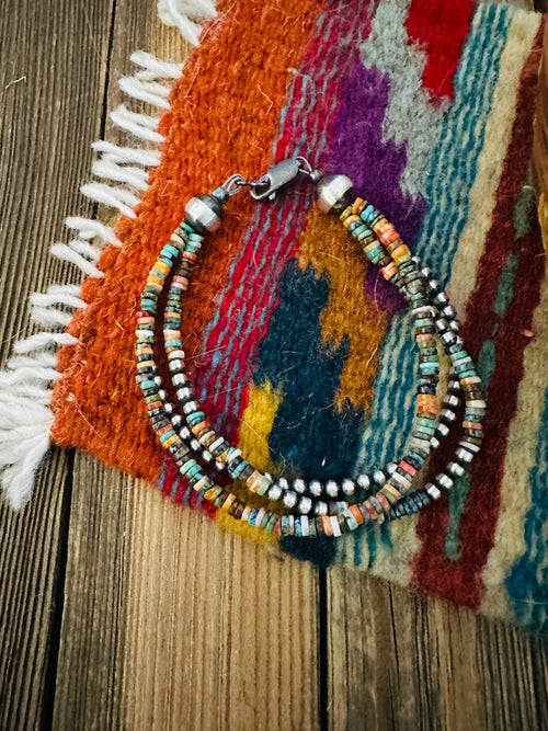 Handcrafted Turquoise, Spiny & Sterling Silver Pearl Triple-Strand Beaded Bracelet